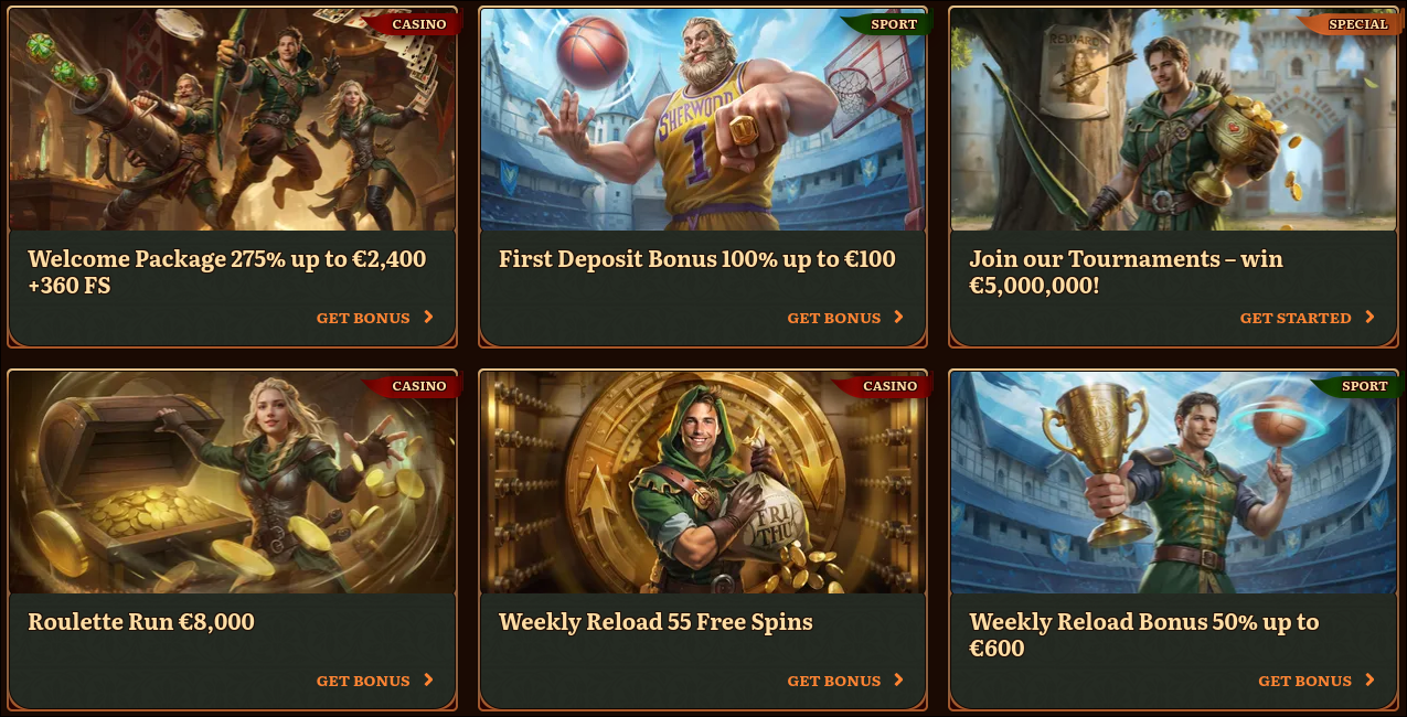 Overzicht van Wild Robin casino bonussen met welkomstpakket en gratis spins