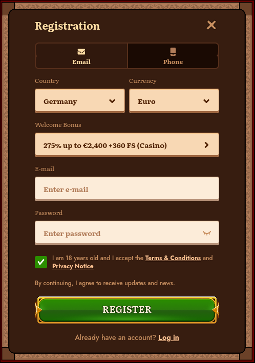Wild Robin casino login formulier screenshot met e-mail en wachtwoord velden